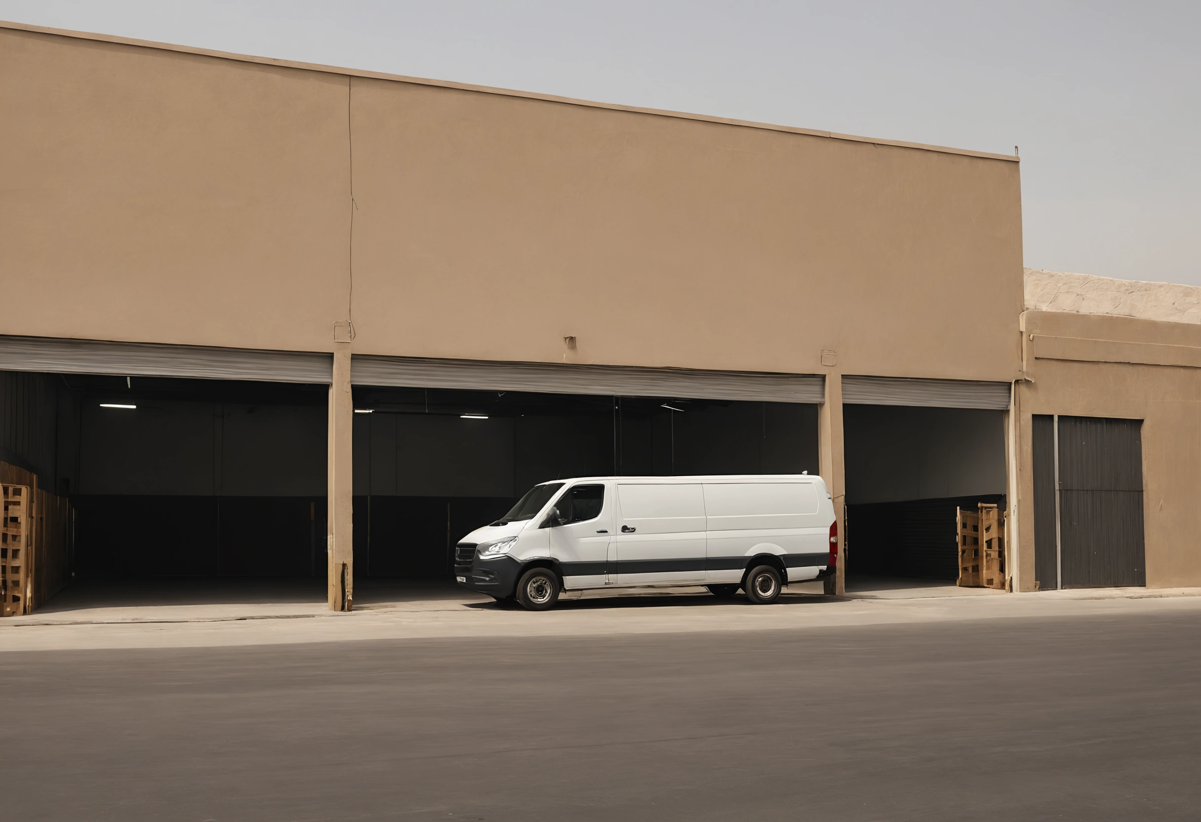 White delivery van parked inside an open warehouse bay in Al Quoz, Dubai, in afternoon light