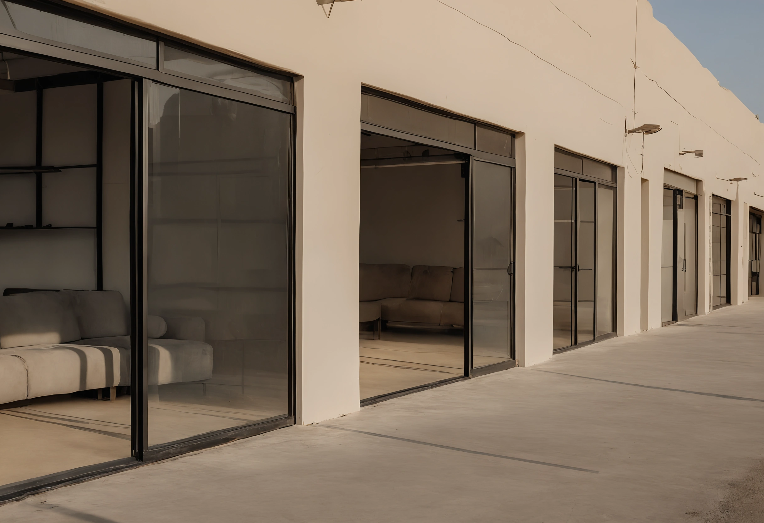Row of glass-fronted warehouse showrooms with sofas visible inside along a street in Al Quoz, Dubai